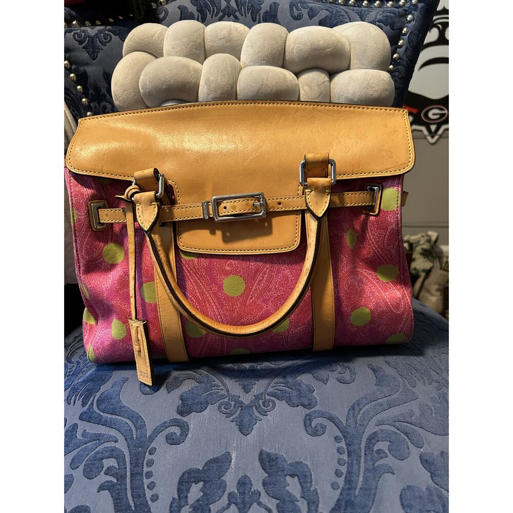 Tumi Pink Paisley with Green Dot Leather Flap Bag